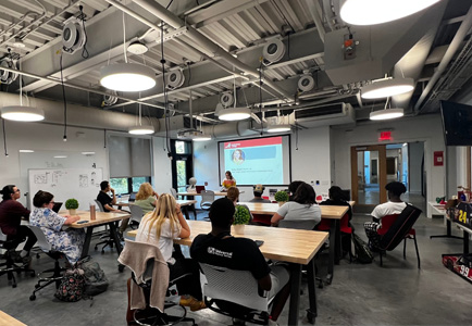 A classroom full of students in the Innovation and Entrepreneurship Center.