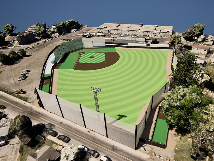 A 3D rendering of a baseball field superimposed on Google map image of a park and neighborhood.