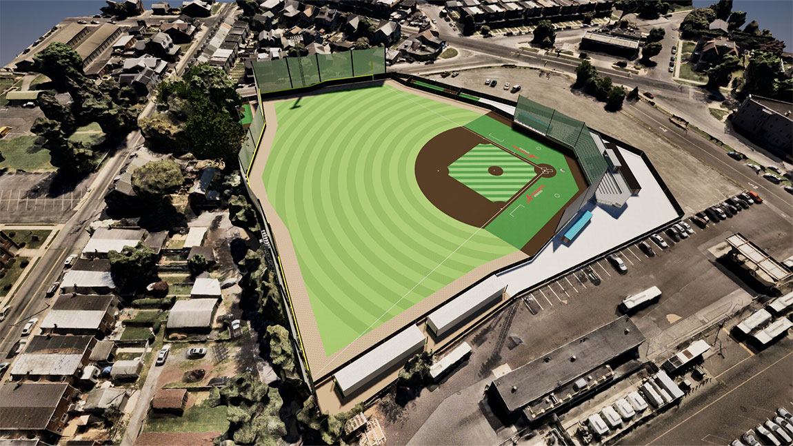 A 3D rendering of a baseball field superimposed on Google map image of a park and neighborhood.