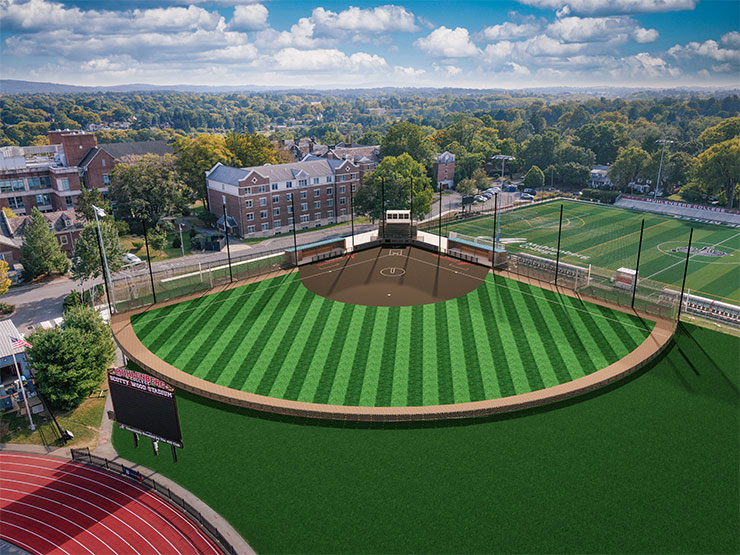 An illustration of the new Muhlenberg College softball field as seen from above in the outfield.