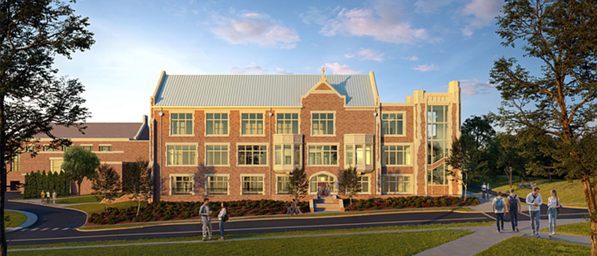 An artists rendering of a redesigned student union building on a college campus.