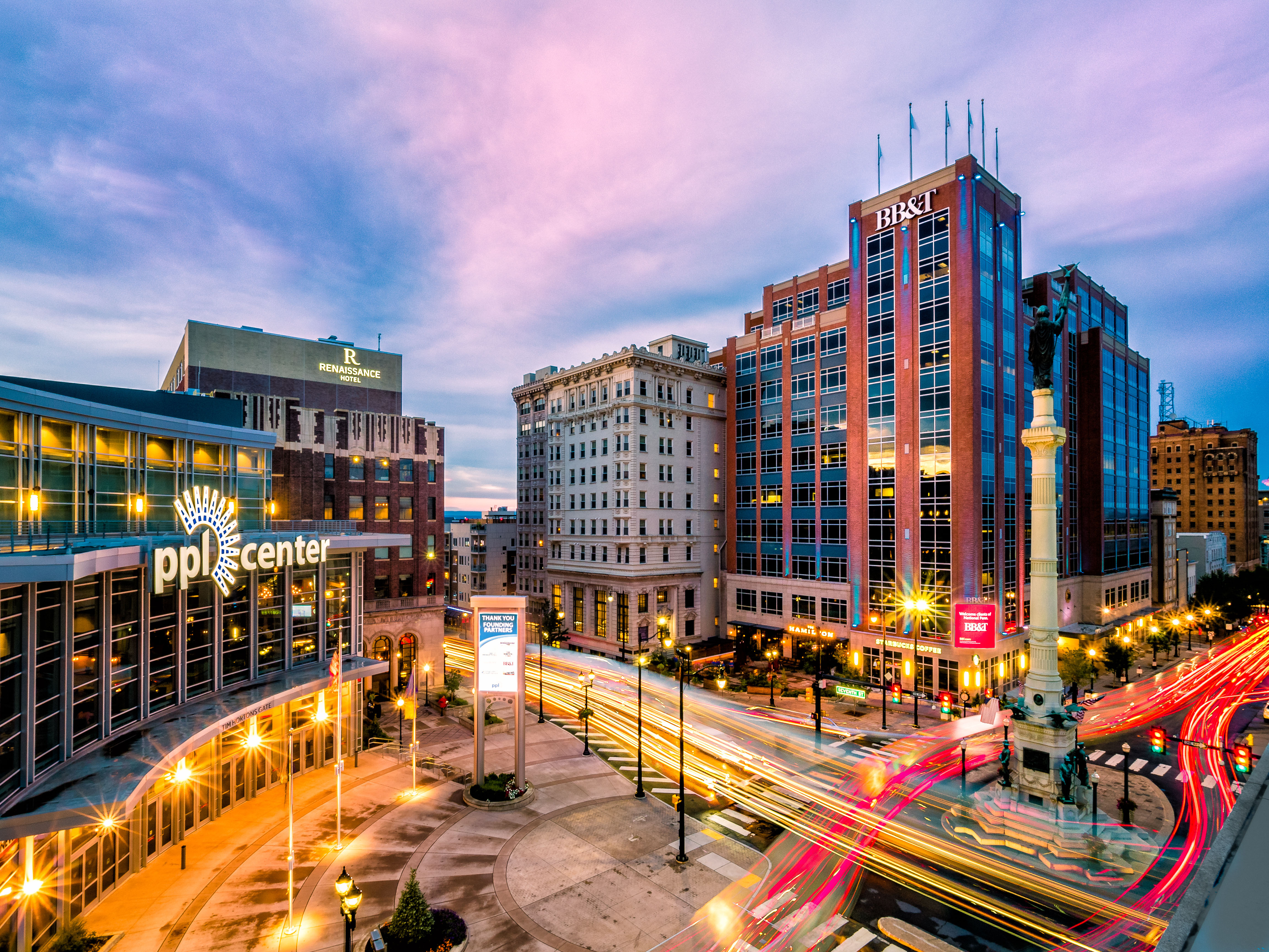 Buildings in downtown Allentown at twilight