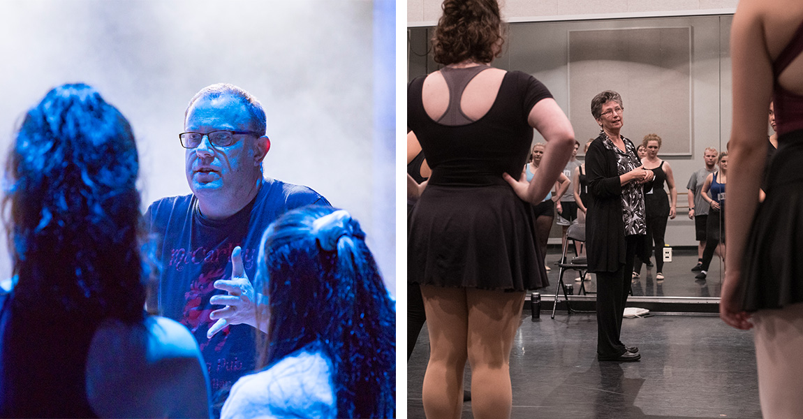 Two images next to each other: One of a man wearing glasses lit on a stage giving direction to actors, another of a woman in the front of a dance studio giving direction to dancers