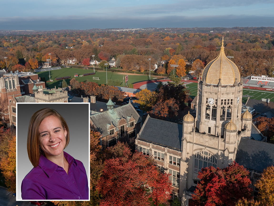 A drone shot of a college campus with an inset headshot of a woman with brown hair in a purple shirt