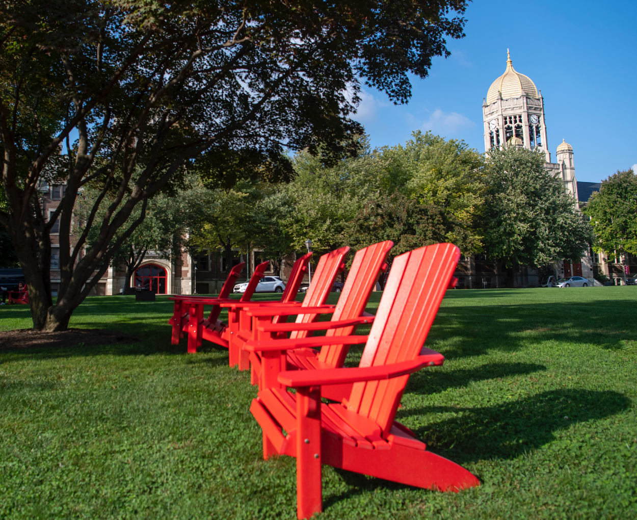 Lawn chairs on the grounds of campus